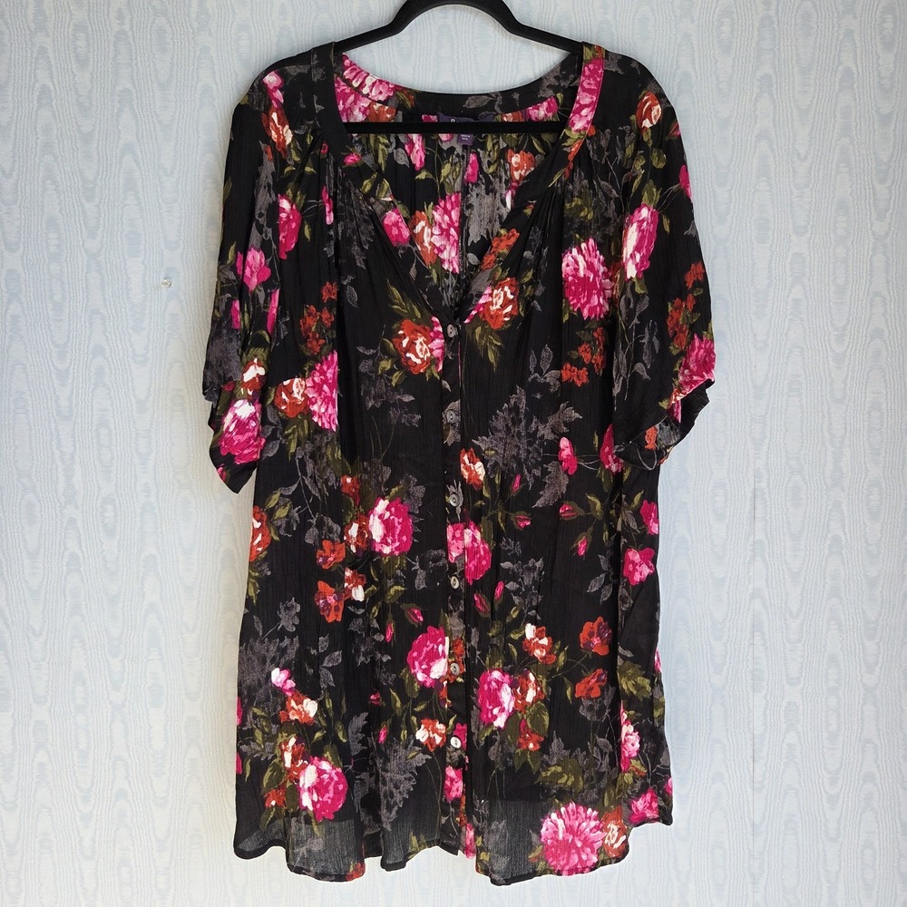 Roamans 26W‎ Tunic Button Down Shirt Short Sleeve Sheer Dark Floral Whimsygoth